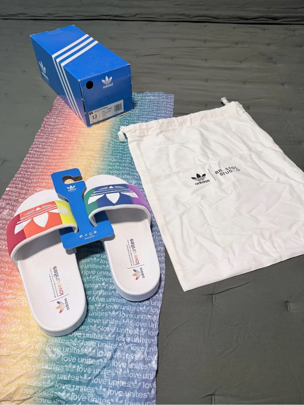 adidas White Slides with Multicolor Rainbow Straps